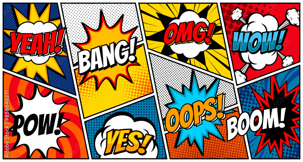 Obraz premium Comic book bubbles. Cartoon explosions funny comical speech clouds, comics words, thinking bubbles and graphic conversation text elements vector illustration set. Comic book emotional bubbles