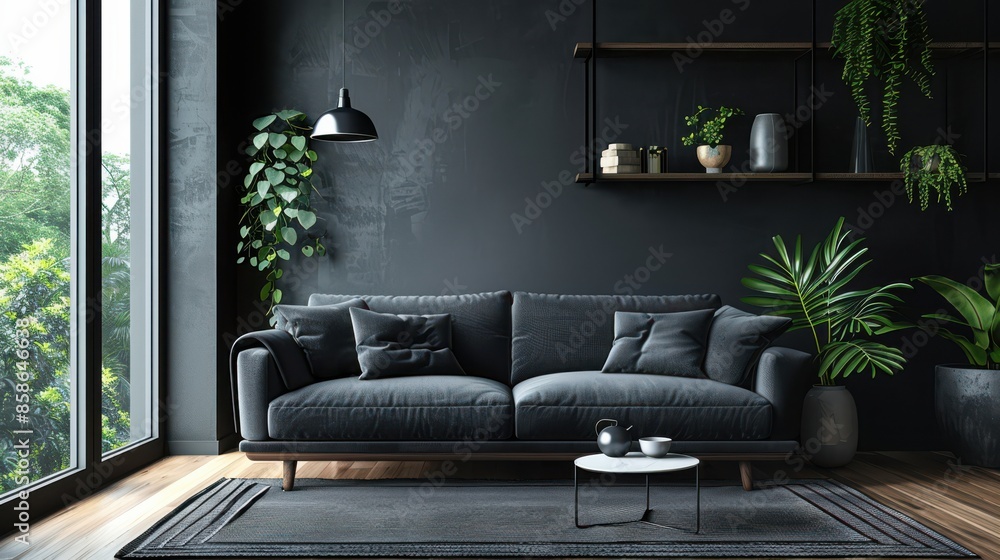 Obraz premium A living room with a black couch, a coffee table, and a potted plant