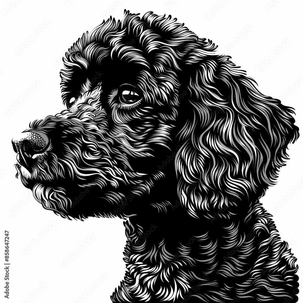 A black and white drawing of a poodle dog A black and white drawing of a poodle dog