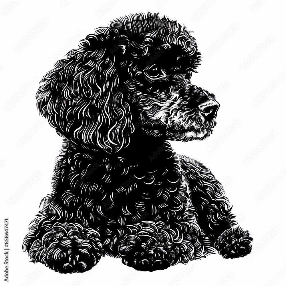 A black and white drawing of a poodle dog A black and white drawing of a poodle dog