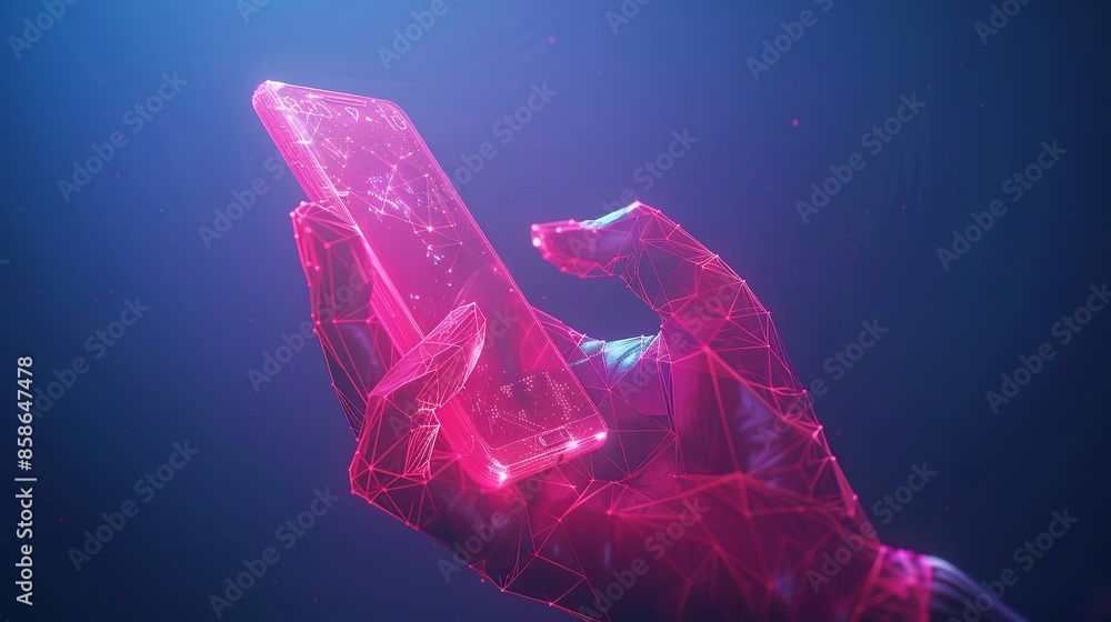 Abstract Digital Right-Hand Holding Mobile Phone with Technology Background Abstract Digital Right-Hand Holding Mobile Phone with Technology Background