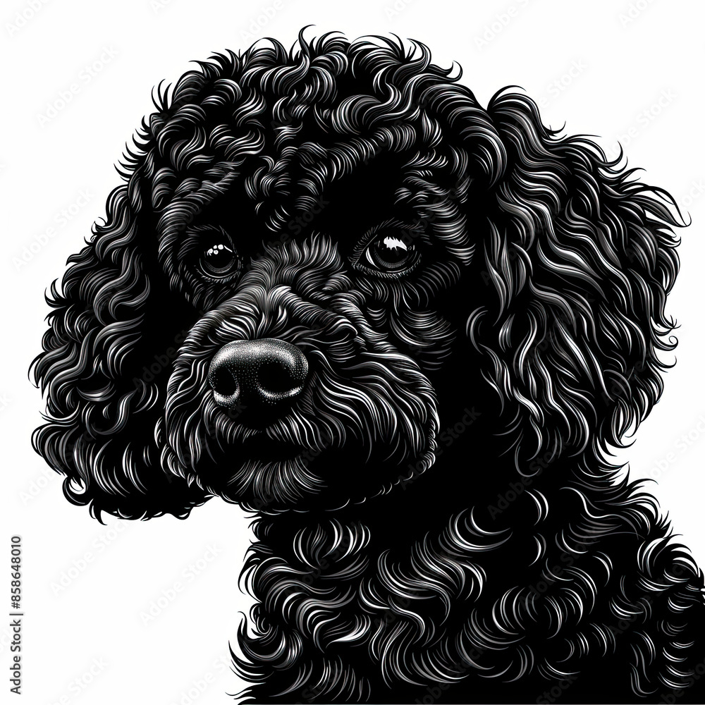 A black and white drawing of a poodle dog A black and white drawing of a poodle dog