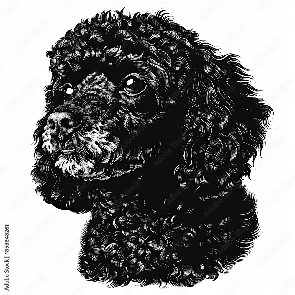 A black and white drawing of a poodle dog A black and white drawing of a poodle dog