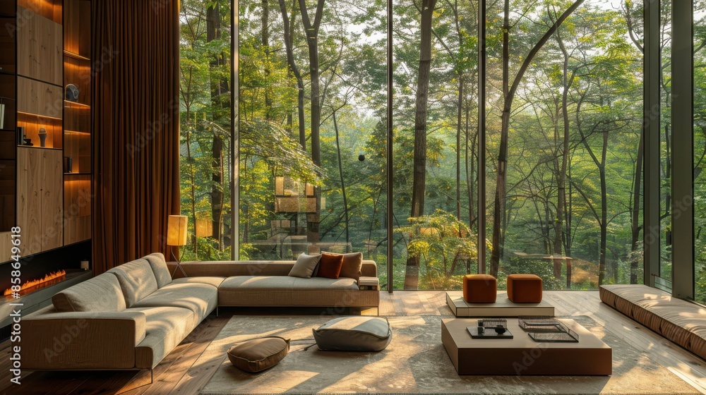 A large living room with a fireplace and a large window overlooking a forest A large living room with a fireplace and a large window overlooking a forest