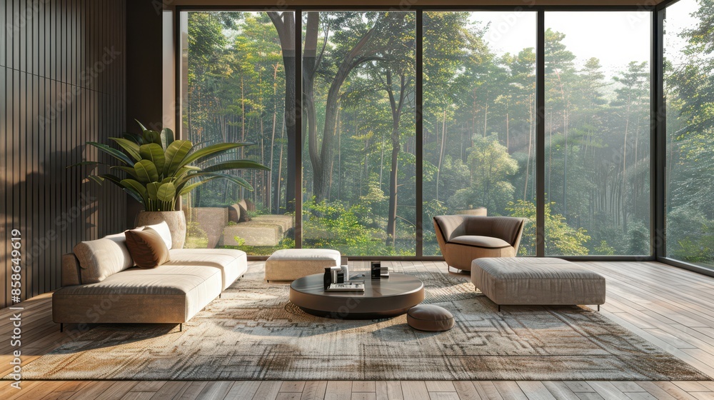 Fototapeta premium A living room with a large window overlooking a forest