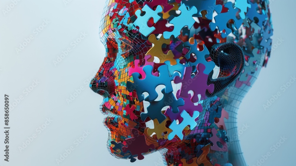 Person's head made up of jigsaw puzzle pieces on blue background in artistic concept of mind and identity discovery Person's head made up of jigsaw puzzle pieces on blue background in artistic concept of mind and identity discovery