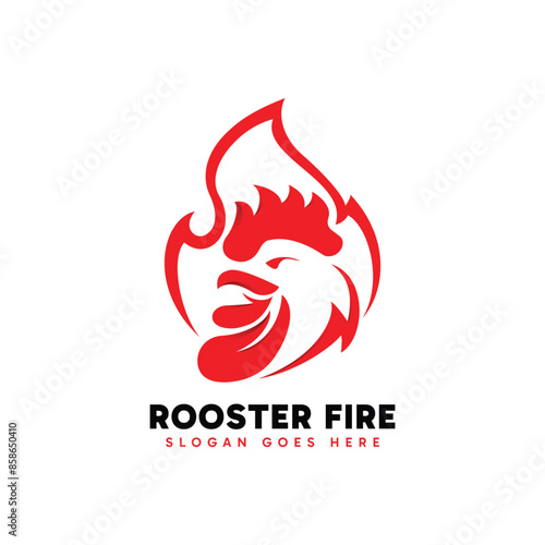 Rooster Fire logo design. Abstract minimalist red fire combined with rooster head concept.