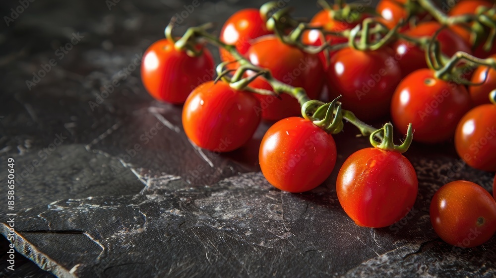 Close up of cherry tomatoes on dark table Close up of cherry tomatoes on dark table