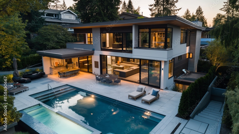 Fototapeta premium Modern house with pool in the yard, evening lighting.