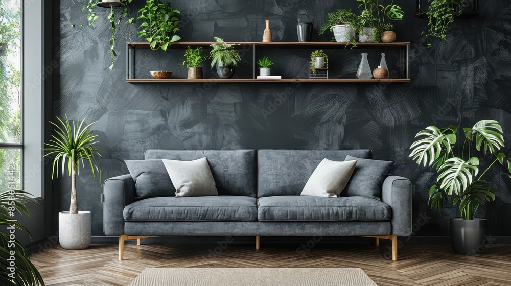 A living room with a grey couch and a few potted plants A living room with a grey couch and a few potted plants