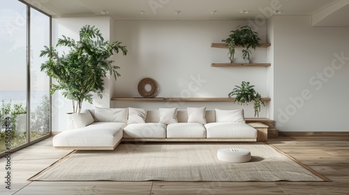 A living room with a white couch, a rug, and a potted plant