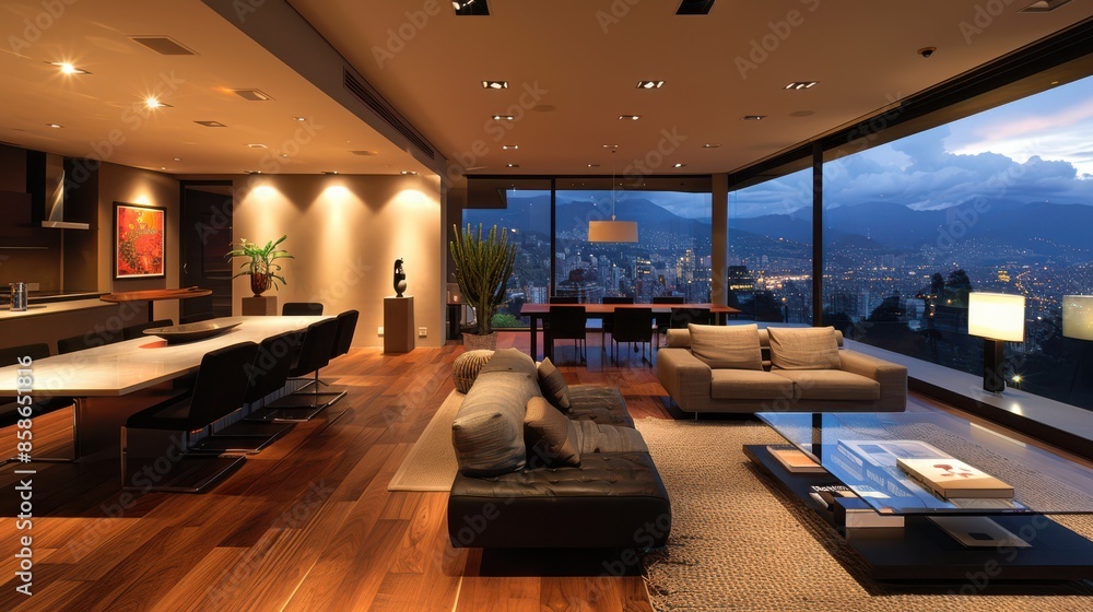 A large living room with a wooden floor and a view of the city A large living room with a wooden floor and a view of the city
