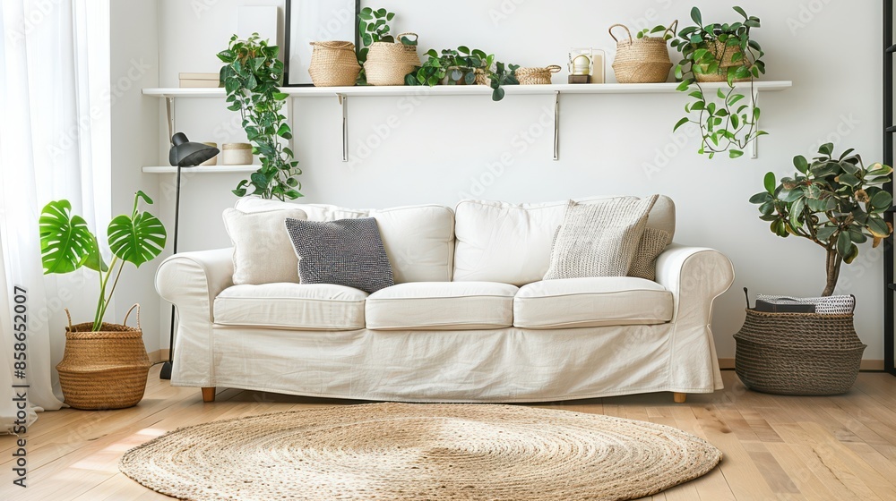 Fototapeta premium A living room with a white couch, a rug, and a few potted plants