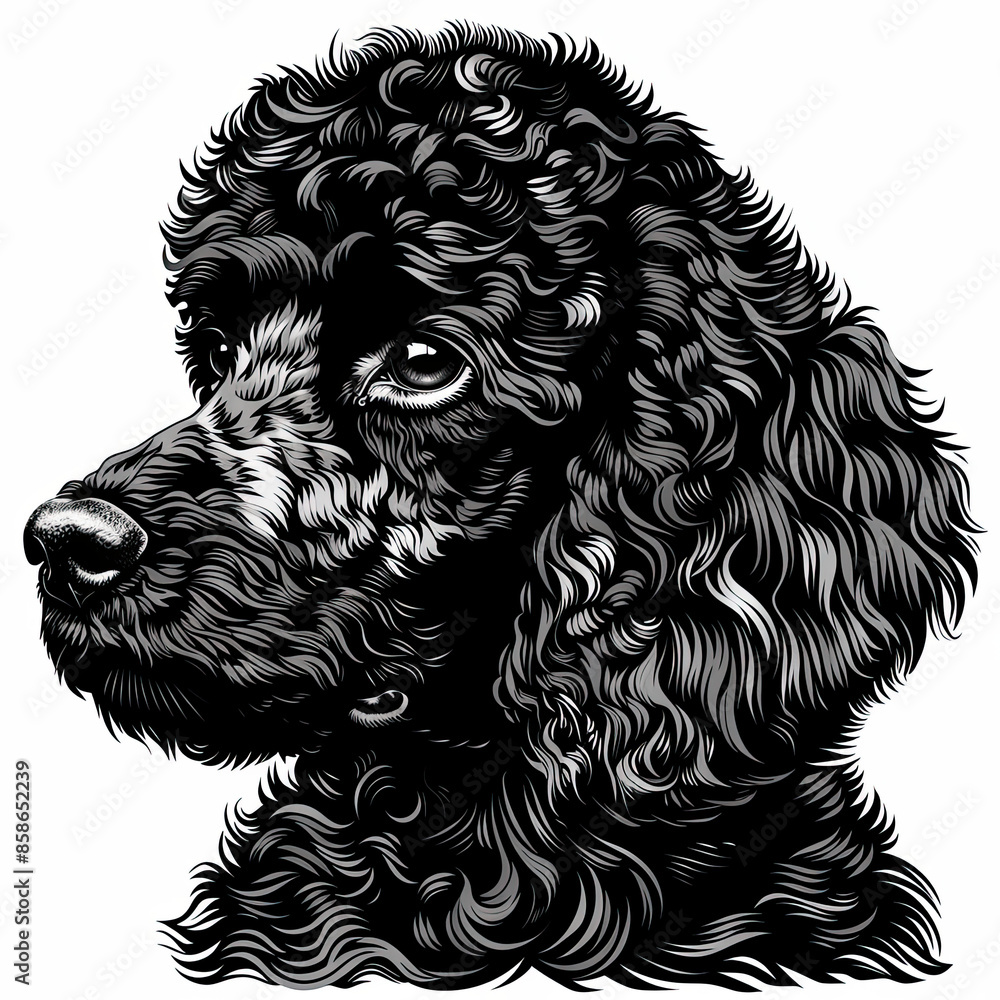 A black and white drawing of a poodle dog A black and white drawing of a poodle dog