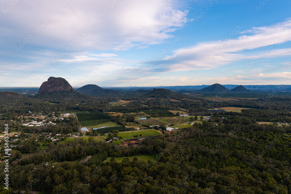 Fototapeta premium Wide view of Glasshouse Mountains area, Queensland, Australia.