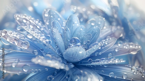 Fototapeta Naklejka Na Ścianę i Meble -  4. **Prompt 4:** Craft a visually stunning 3D composition portraying an abstract crystal blue flower adorned with shimmering water drops. Against a neutral, isolated background, showcase the