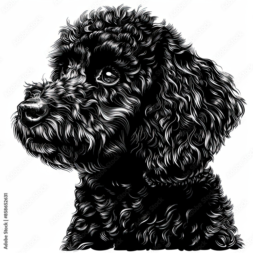 A black and white drawing of a poodle dog A black and white drawing of a poodle dog