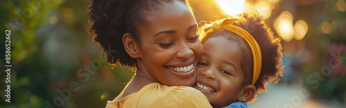 Joyful Afro Mother and Daughter Playing Outdoors on Sunny Day, Family Happiness and Love Concept with Focus on Faces photo