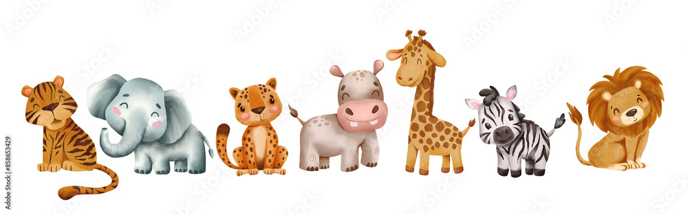 Obraz premium Watercolor set of cute African animals: elephant, cheetah, hippopotamus, giraffe, tiger, lion, zebra on a transparent background. Cartoon animals in watercolor technique.