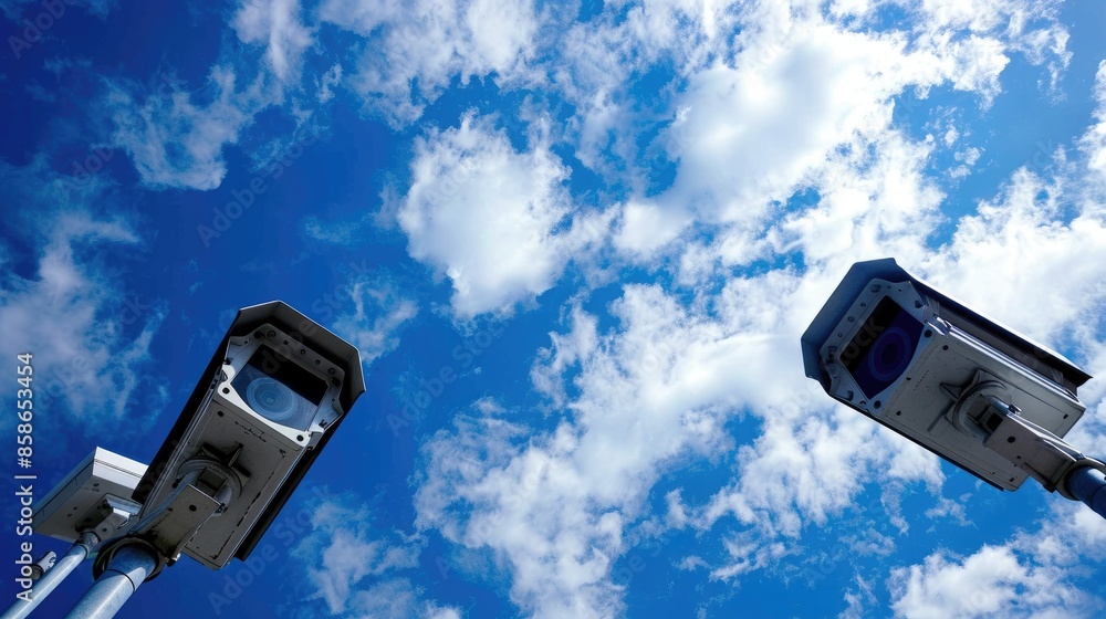 CCTV cameras against blue sky