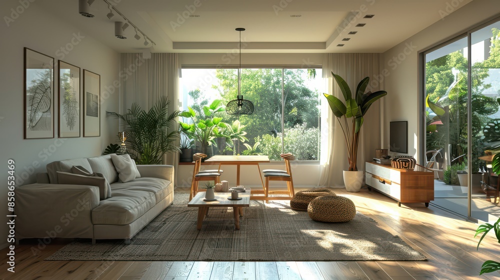 Fototapeta premium A living room with a white couch, a coffee table, and a potted plant