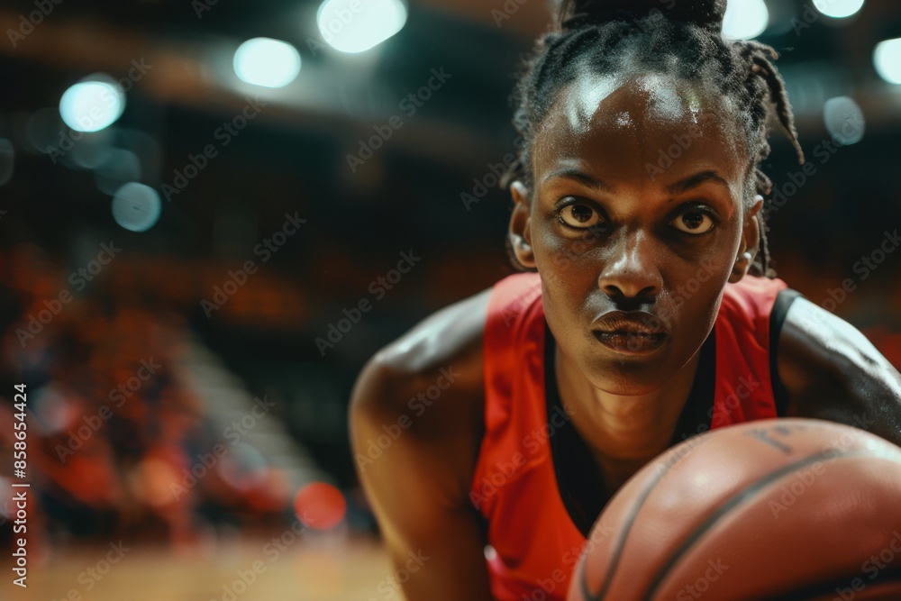 Woman basketball player on court during game wearing red uniform. Woman basketball player on court during game wearing red uniform.