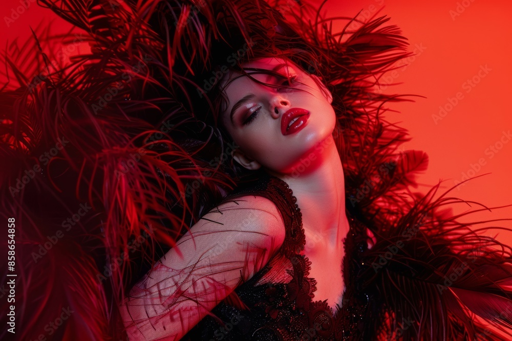 Striking portrait of a woman adorned with dark red feathers, exuding glamour and luxury in a vibrant, theatrical setting.
Striking portrait of a woman adorned with dark red feathers, exuding glamour and luxury in a vibrant, theatrical setting.