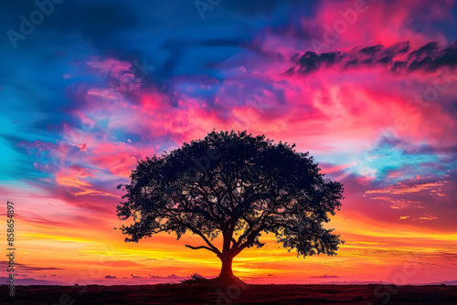 The silhouette of a tree against a vibrant, colorful sunset sky