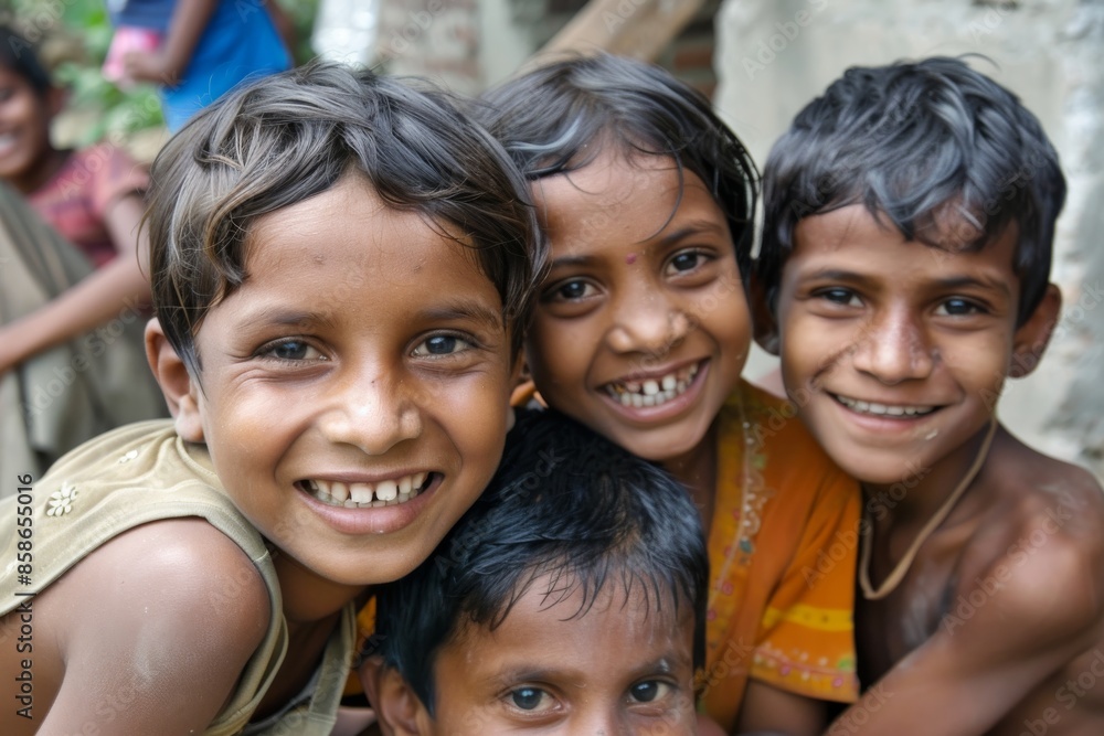 Group of Indian kids smiling in the street. Group of Indian kids smiling in the street.