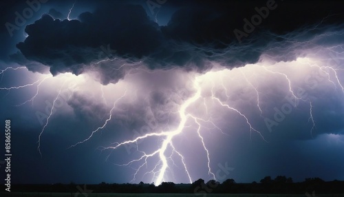 The moment violent lightning strikes in the sky during thunderstorms
