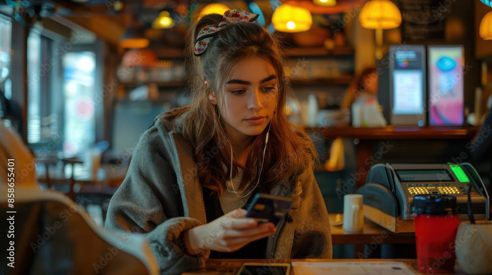A woman is sitting at a table in a restaurant, looking at her cell phone A woman is sitting at a table in a restaurant, looking at her cell phone