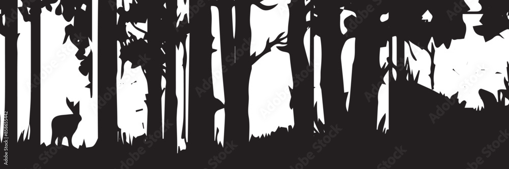 Dark silhouettes of old tall trees in the morning pass by quickly as seen from driving a car. silhouette forest Dark silhouettes of old tall trees in the morning pass by quickly as seen from driving a car. silhouette forest