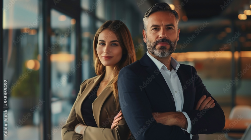 A man and woman are posing for a picture in modern offfice. A man and woman are posing for a picture in modern offfice.