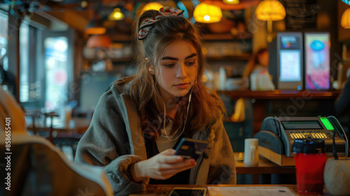 A woman is sitting at a table in a restaurant, looking at her cell phone