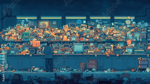 Hoarder in a messy room filled with junk, captured in hyper-realistic pop art style.