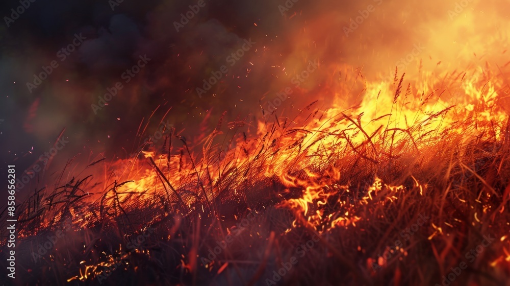 Wildfire spreading through dry grass field Wildfire spreading through dry grass field