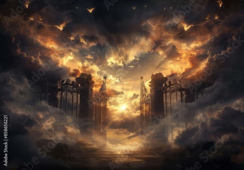 Gates to Heaven, Fantasy Landscape with Sunset and Birds