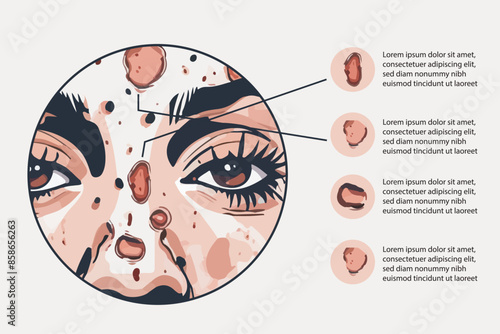 young girl face with problem skin, acne and blackheads. info graphic vector for skin health and beauty