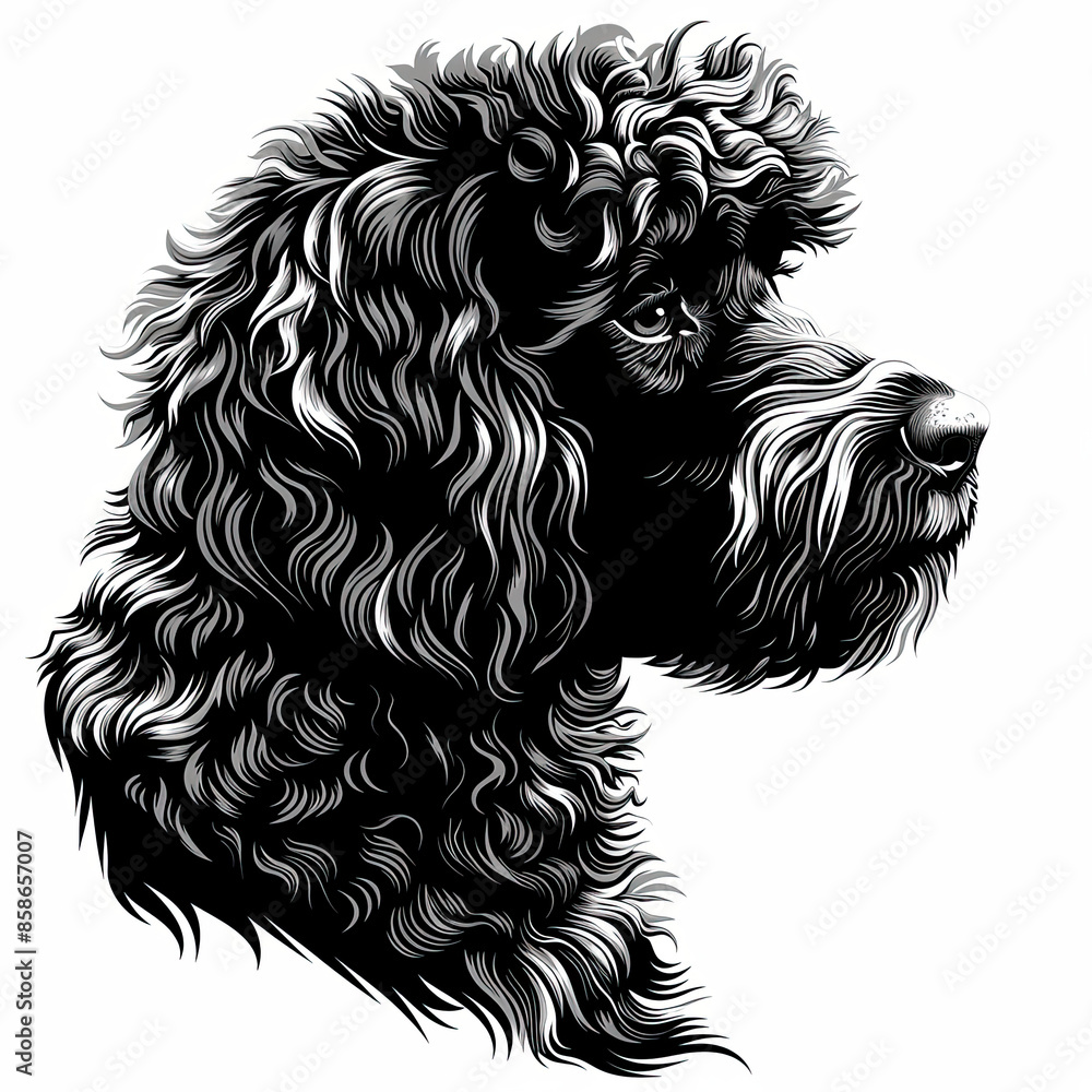 A black and white drawing of a poodle dog A black and white drawing of a poodle dog
