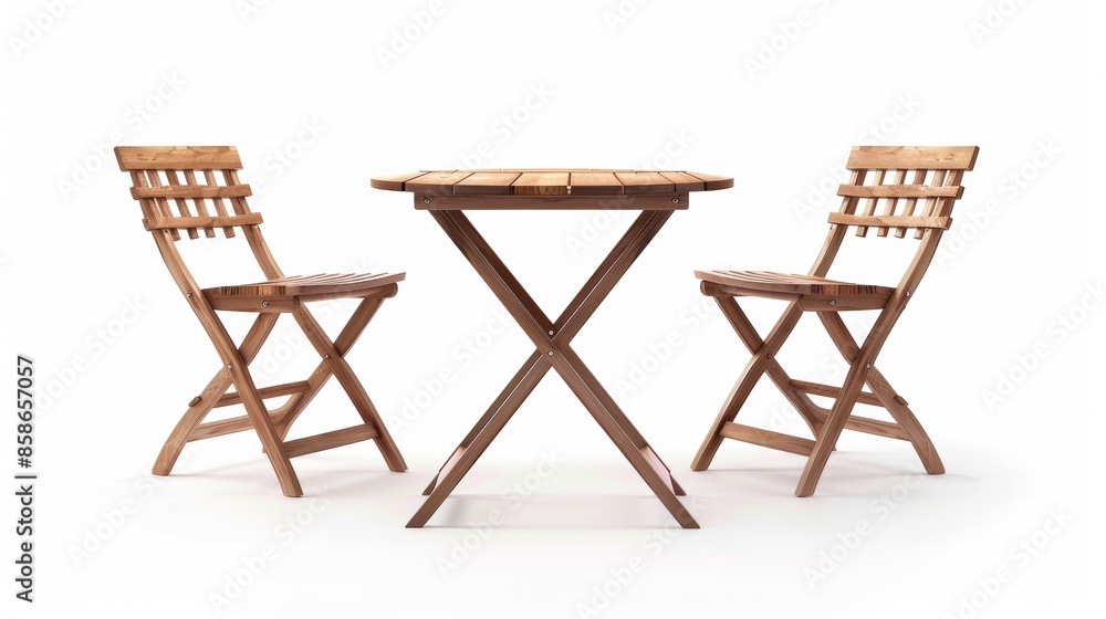 Wooden table with two chairs on a white background, studio shot. Minimalist furniture concept Wooden table with two chairs on a white background, studio shot. Minimalist furniture concept