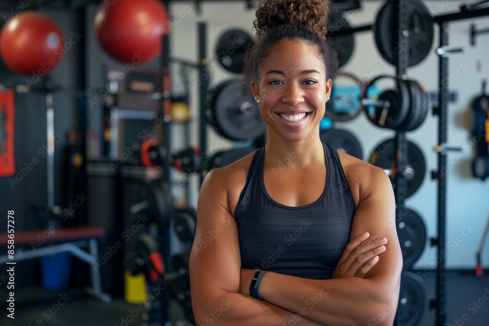 A woman is smiling and posing in a gym. A woman is smiling and posing in a gym.