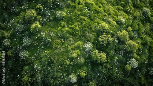 A lush green field with a lot of flowers and trees © G.Go