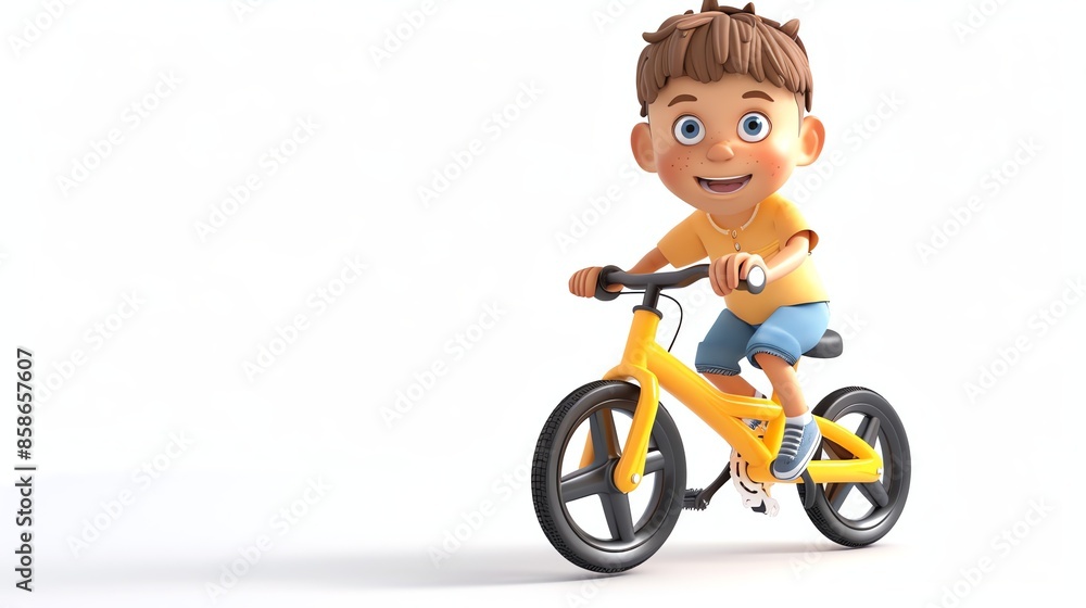 A 3D cartoon boy is riding a yellow bike with a big smile. A 3D cartoon boy is riding a yellow bike with a big smile.