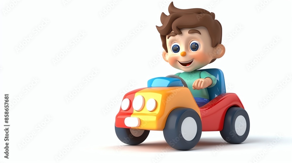 A 3D cartoon boy is driving a toy car and smiling. A 3D cartoon boy is driving a toy car and smiling.