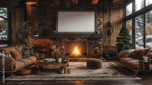 Cozy Rustic Den with Fireplace and Muted Earthy Palette in Warm Winter Cabin Atmosphere