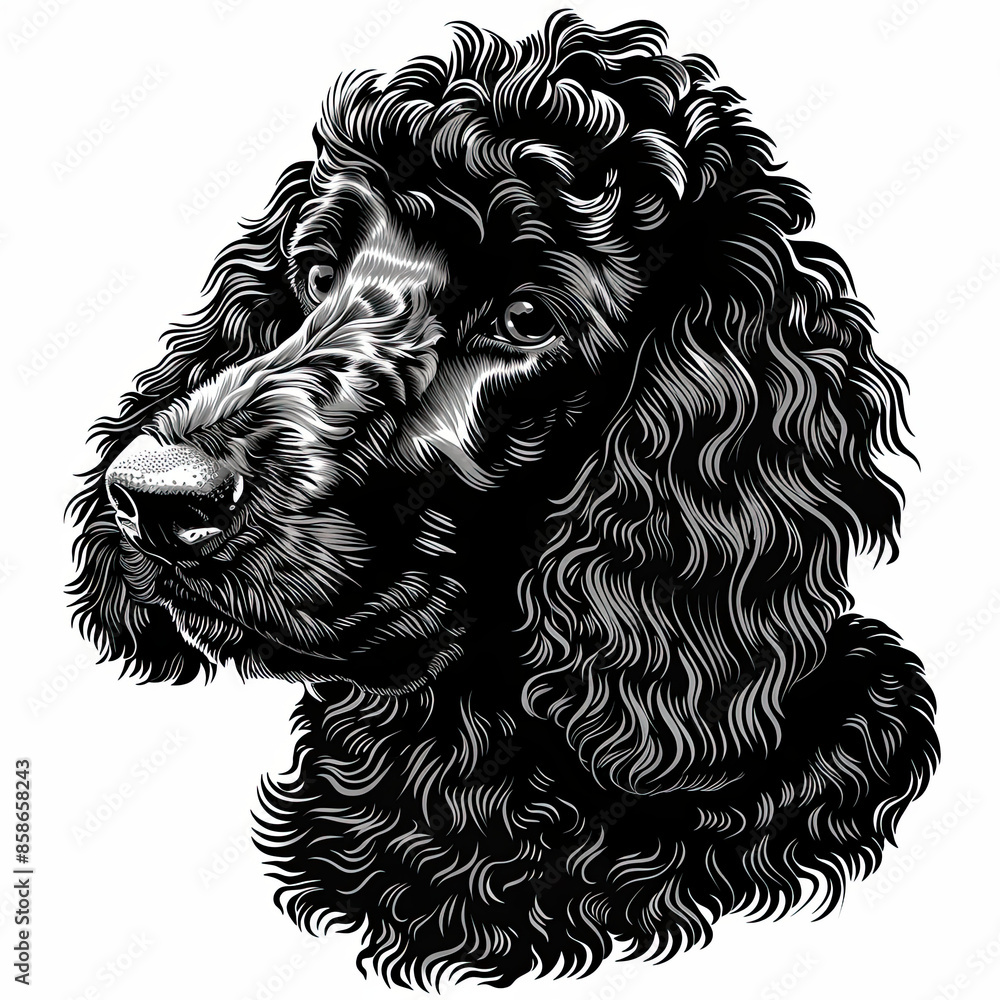 A black and white drawing of a poodle dog A black and white drawing of a poodle dog