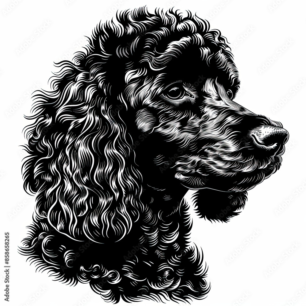 A black and white drawing of a poodle dog A black and white drawing of a poodle dog
