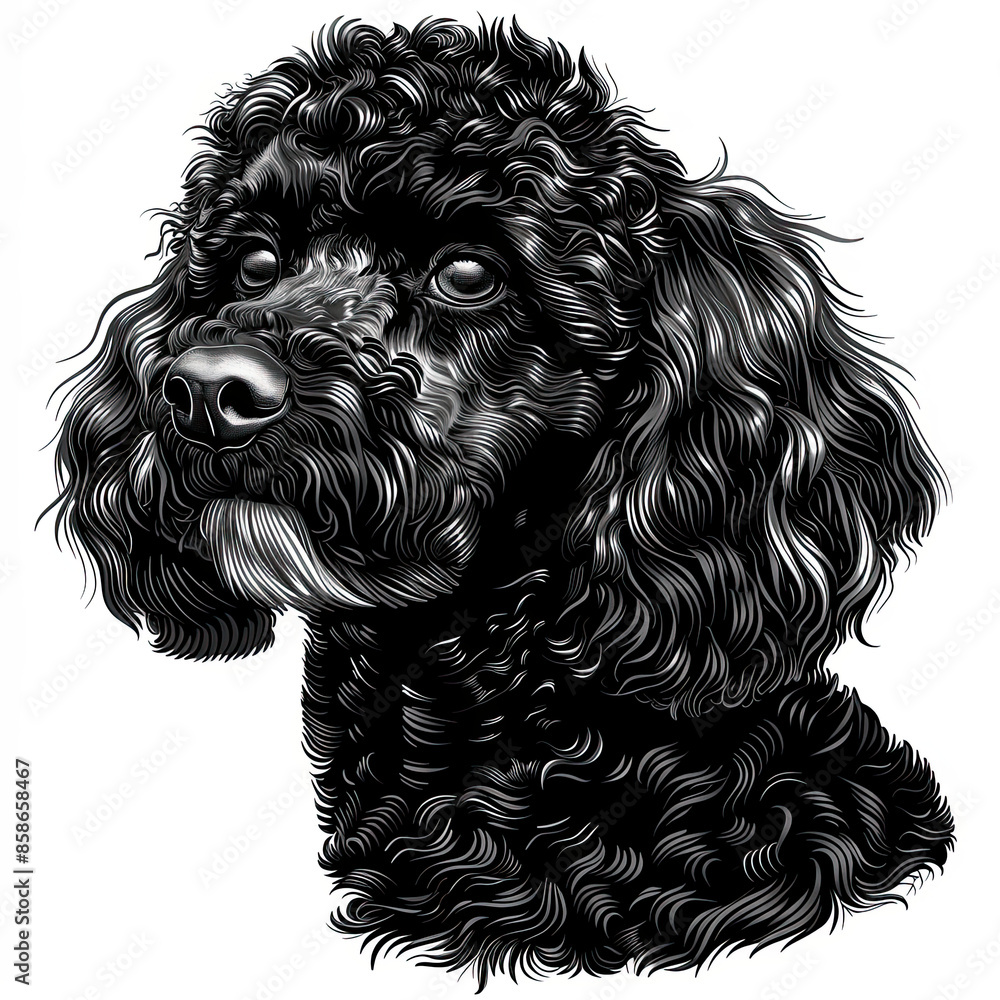 A black and white drawing of a poodle dog A black and white drawing of a poodle dog