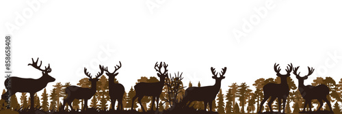 silhouette of a crowd of deer walking in a pine forest. a group of animals in the forest with a tree background. vector flat illustration
