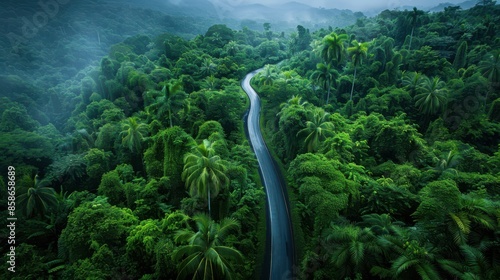 A winding road through a lush jungle